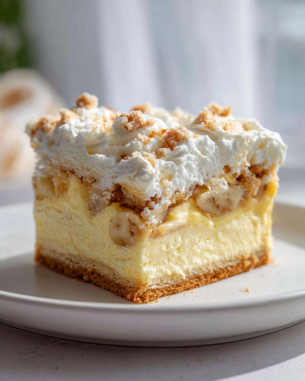 A tall, layered slice of Banana Pudding Cheesecake Bars featuring a graham cracker crust, creamy filling, bananas, and whipped topping.