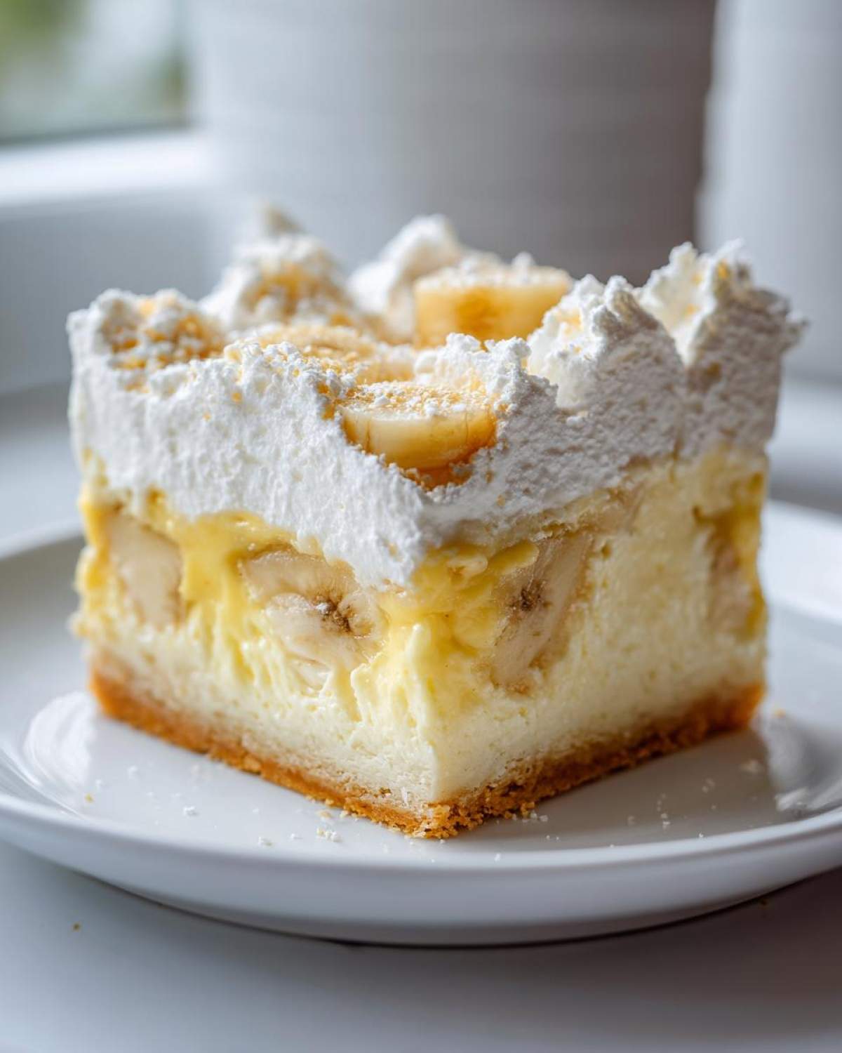 A close-up of a thick slice of Banana Pudding Cheesecake Bars topped with whipped cream and banana slices.