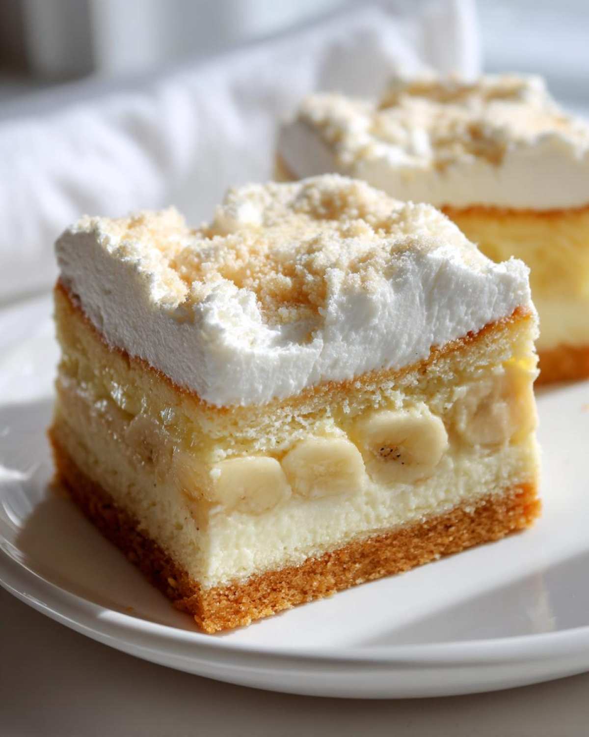 Close-up of a layered Banana Pudding Cheesecake Bars slice with bananas, cream cheese, and whipped topping.