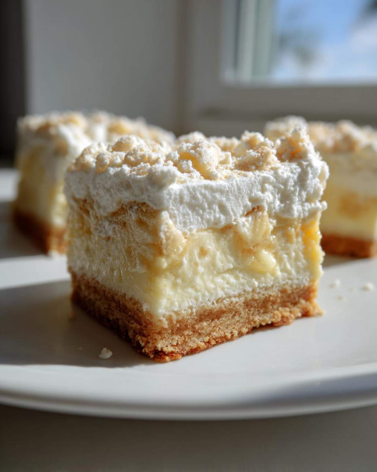A close-up view of a layered Banana Pudding Cheesecake Bars slice on a white plate, showing the crust, creamy filling, and whipped topping.