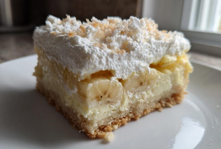 A close-up of a single serving of Banana Pudding Cheesecake Bars showing the crust, creamy filling, banana slices, and whipped topping.