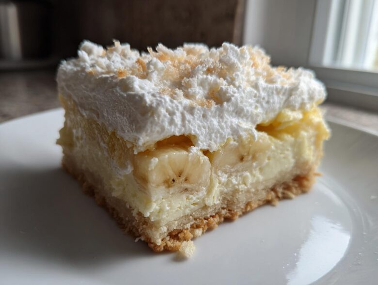 A close-up of a single serving of Banana Pudding Cheesecake Bars showing the crust, creamy filling, banana slices, and whipped topping.