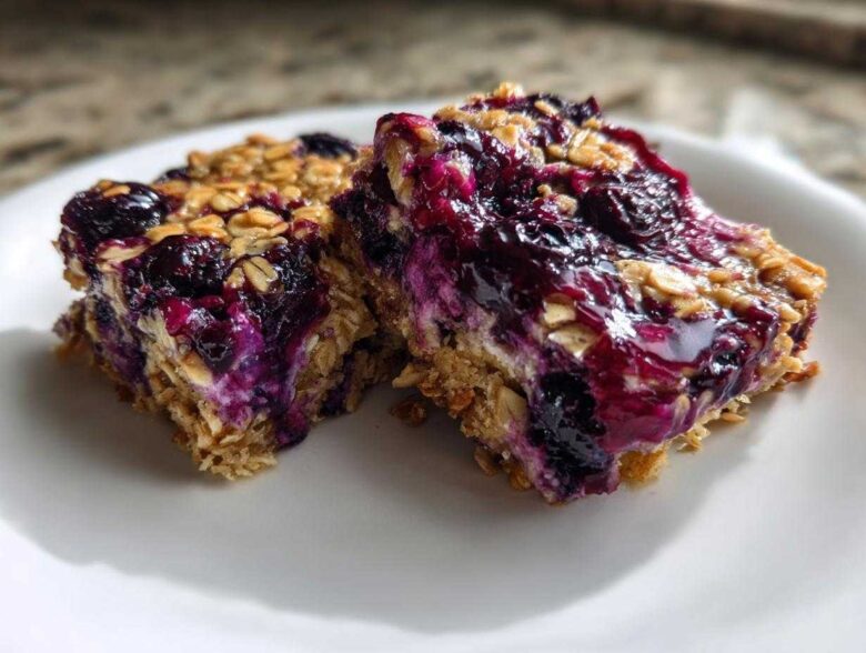 Close-up of two moist Blueberry Baked Oatmeal Squares featuring oats and rich, purple blueberry topping.