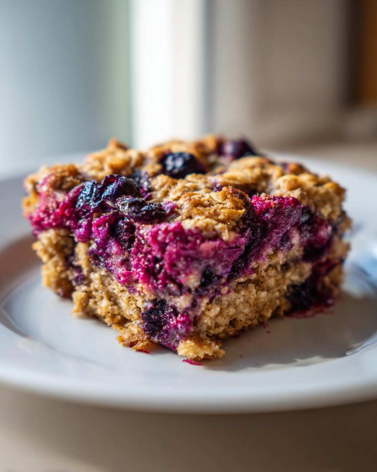 A close-up shot of a single serving of moist Blueberry Baked Oatmeal Squares on a white plate.