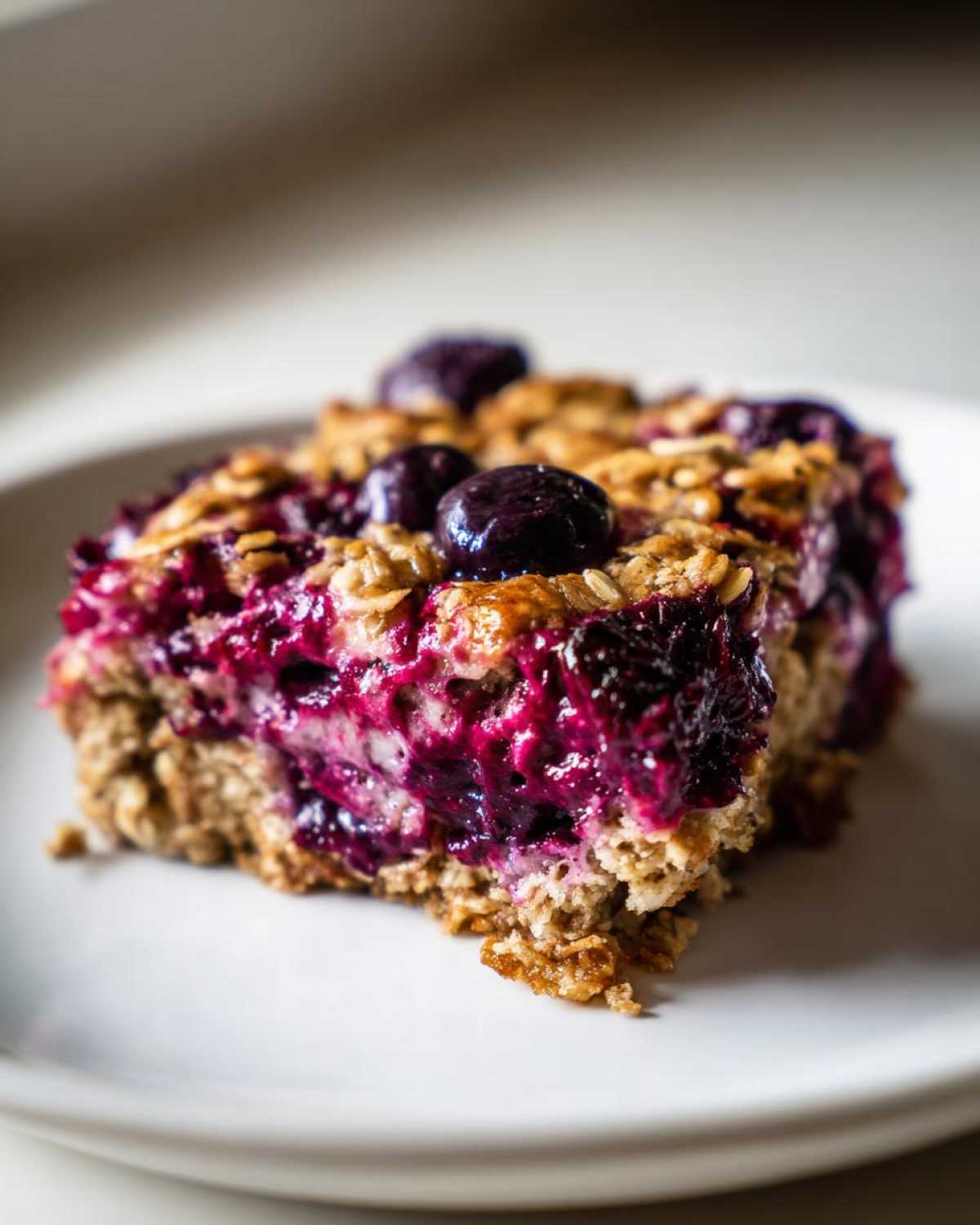 A close-up, appetizing shot of a single serving of Blueberry Baked Oatmeal Squares on a white plate.
