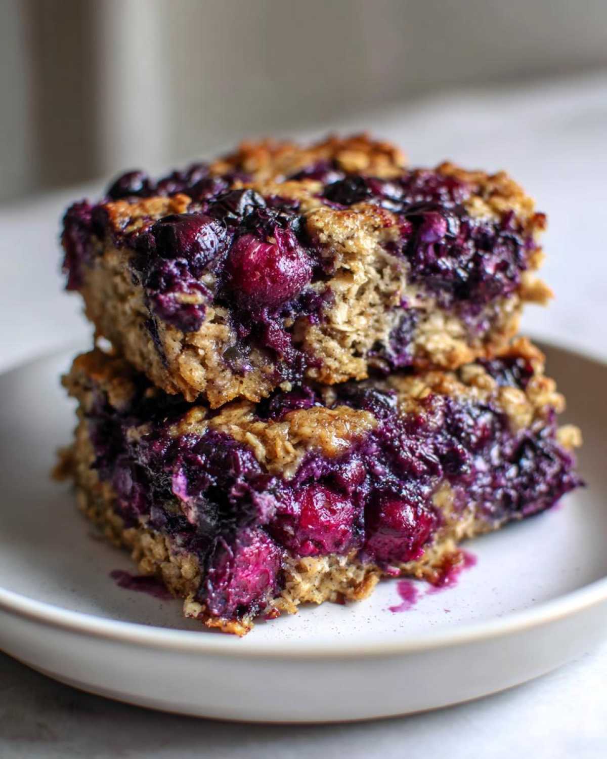 Two thick, moist Blueberry Baked Oatmeal Squares stacked on a white plate, bursting with purple blueberries.