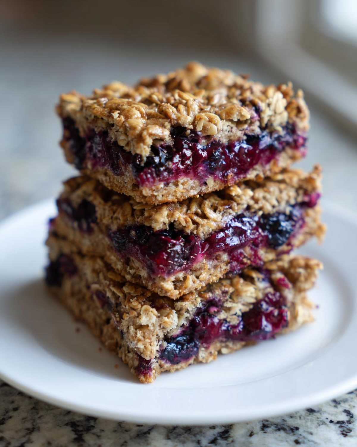 A stack of three rich Blueberry Baked Oatmeal Squares showing the thick, jammy blueberry filling and oat topping.