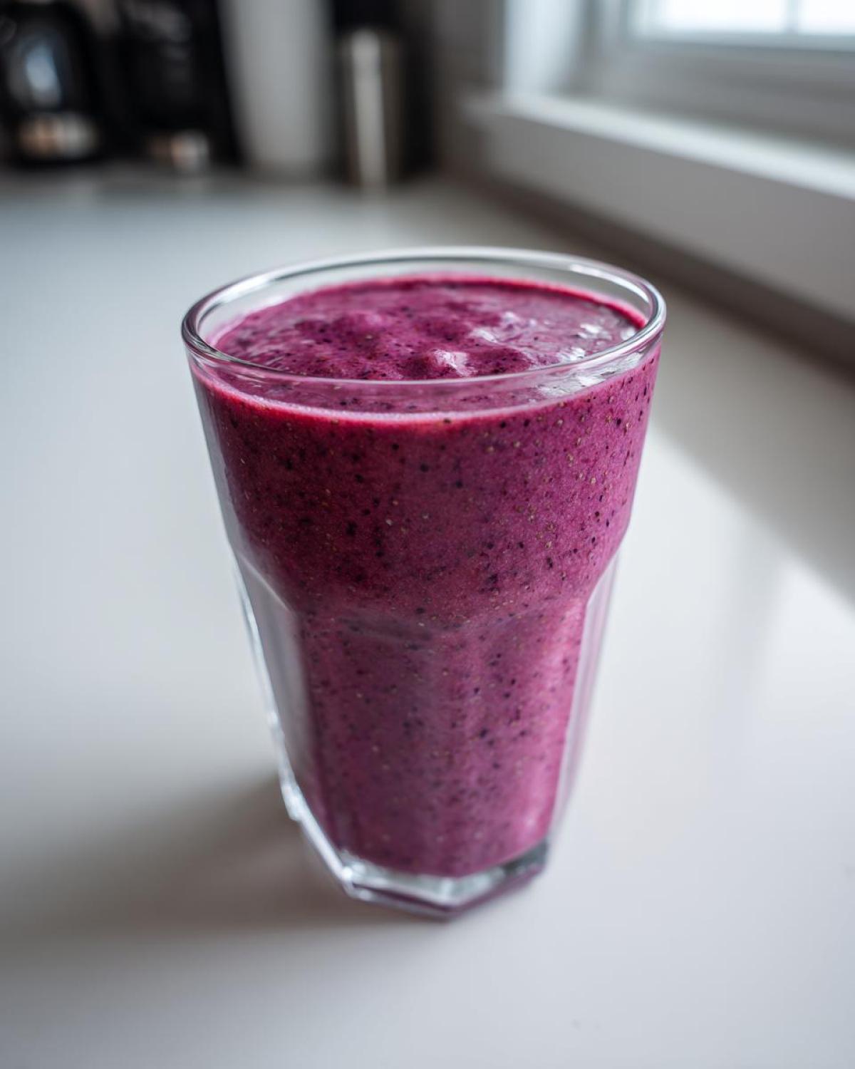 A tall glass filled with a thick, vibrant purple Blueberry Lemon Chia Smoothie, showing visible chia seeds.