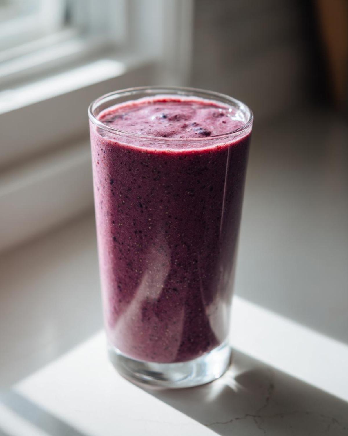 A tall glass filled with a thick, dark purple Blueberry Lemon Chia Smoothie sitting on a bright white counter.