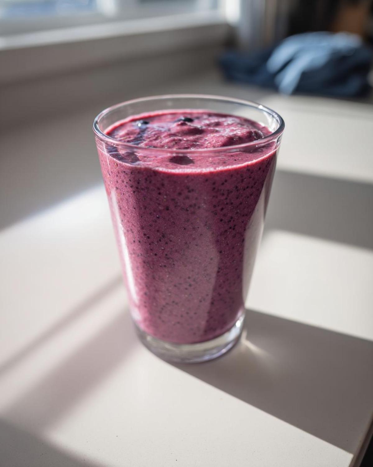 A tall glass filled with a thick, deep purple Blueberry Lemon Chia Smoothie, sitting on a white surface near a window.