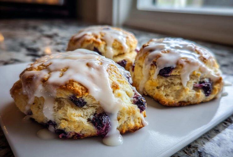 Close-up of three freshly baked Blueberry Lemon Scones topped with a thick white glaze, sitting on a white serving dish.
