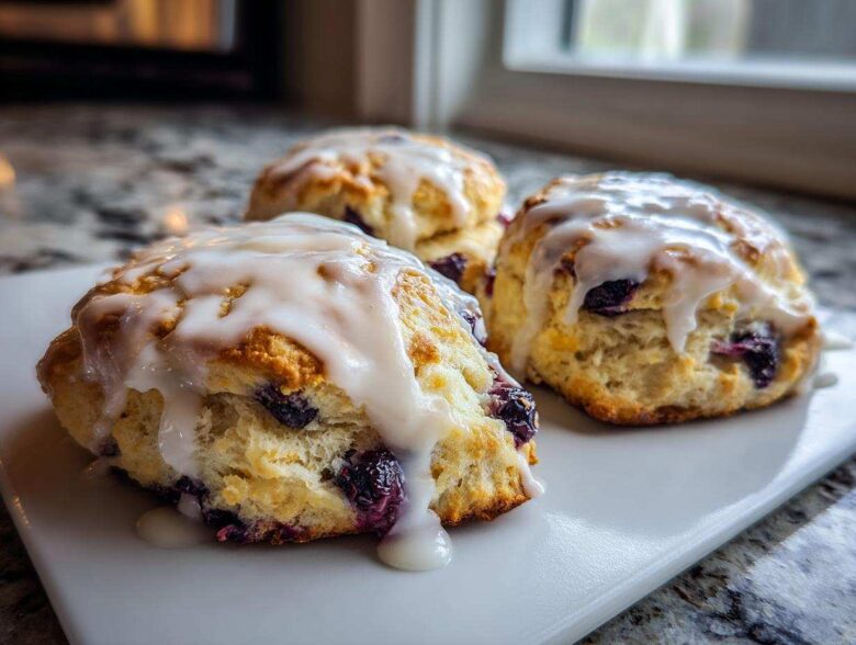 Close-up of three freshly baked Blueberry Lemon Scones topped with a thick white glaze, sitting on a white serving dish.