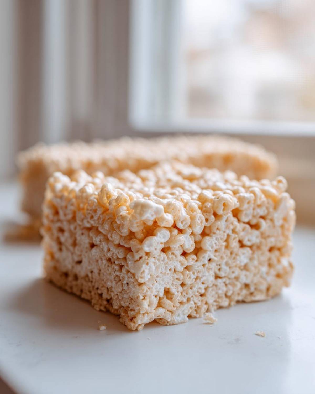 A close-up, square cut of a Brown Butter Rice Krispie Treat Bar showing the texture of puffed rice cereal.