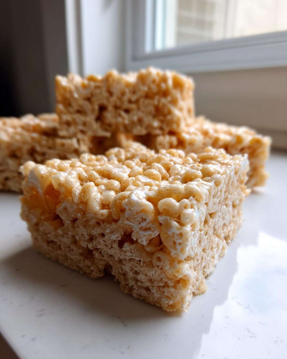 A close-up, slightly angled view of several chewy Brown Butter Rice Krispie Treat Bars resting on a white surface near a window.