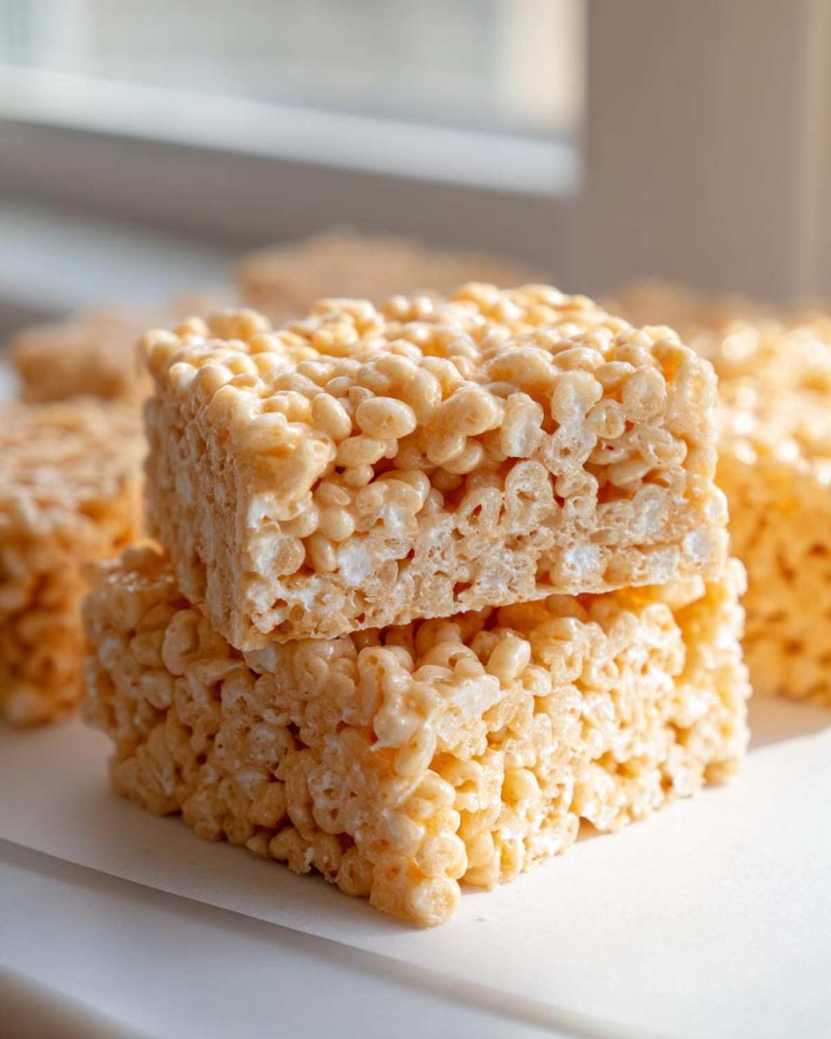 Two square Brown Butter Rice Krispie Treat Bars stacked on top of each other, showing the chewy texture.