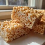 Three thick, gooey Brown Butter Rice Krispie Treat Bars stacked on a white surface near a window.