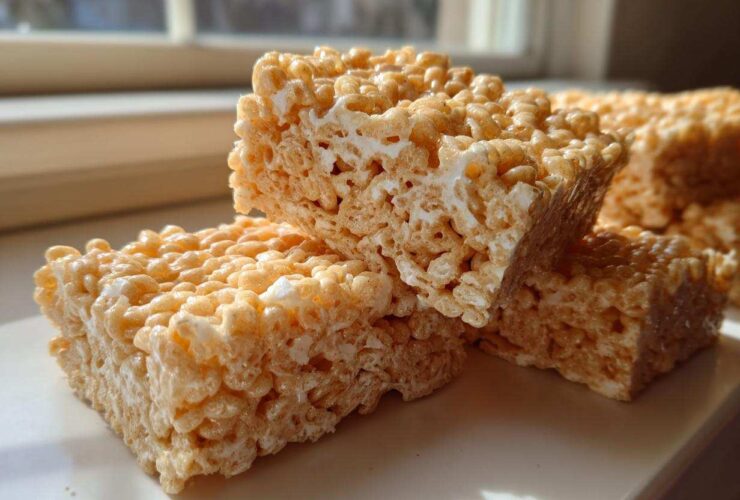 Three thick, gooey Brown Butter Rice Krispie Treat Bars stacked on a white surface near a window.