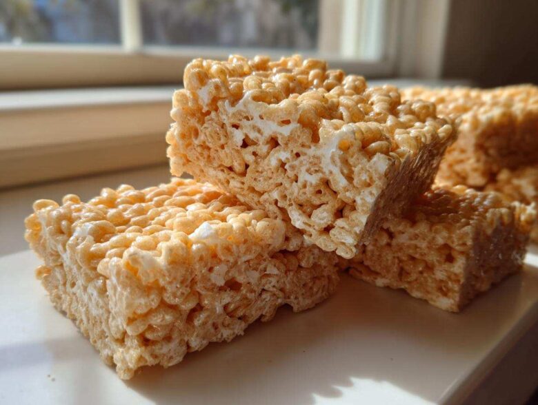 Three thick, gooey Brown Butter Rice Krispie Treat Bars stacked on a white surface near a window.