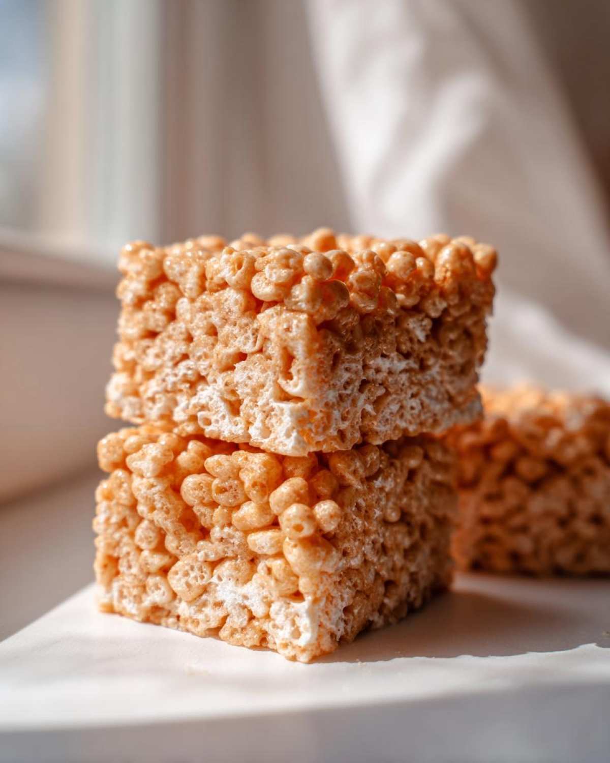 Two stacked, square Brown Butter Rice Krispie Treat Bars showing the texture of the cereal and marshmallow.