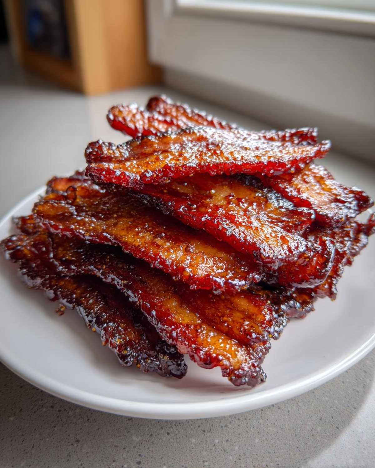 A stack of crispy, caramelized Brown Sugar Glazed Bacon slices piled high on a white plate.