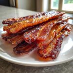 Close-up of crispy, shiny Brown Sugar Glazed Bacon strips piled on a white plate.