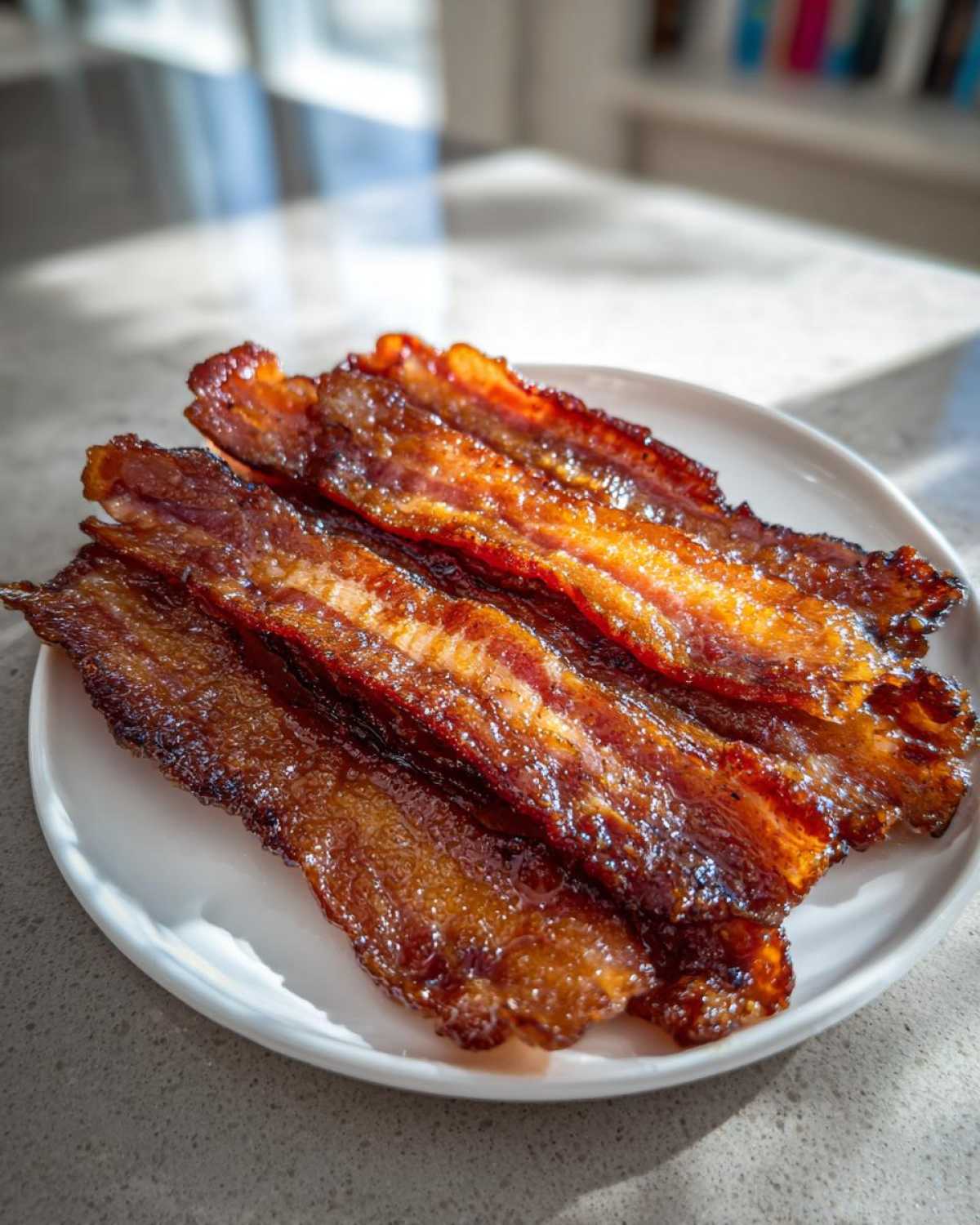 Close-up of four crispy strips of Brown Sugar Glazed Bacon glistening on a white plate.