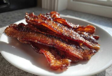 Close-up of crispy, caramelized Brown Sugar Glazed Bacon strips piled on a white plate, glistening in sunlight.