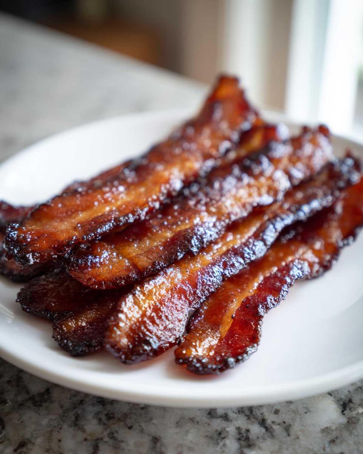 Close-up of perfectly cooked Brown Sugar Glazed Bacon strips stacked on a white plate.