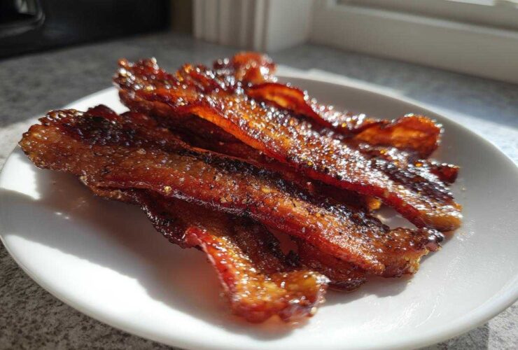 Close-up of crispy, caramelized Brown Sugar Glazed Bacon strips piled on a white plate, glistening in sunlight.
