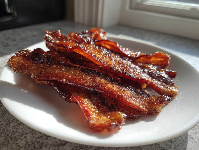 Close-up of crispy, caramelized Brown Sugar Glazed Bacon strips piled on a white plate, glistening in sunlight.