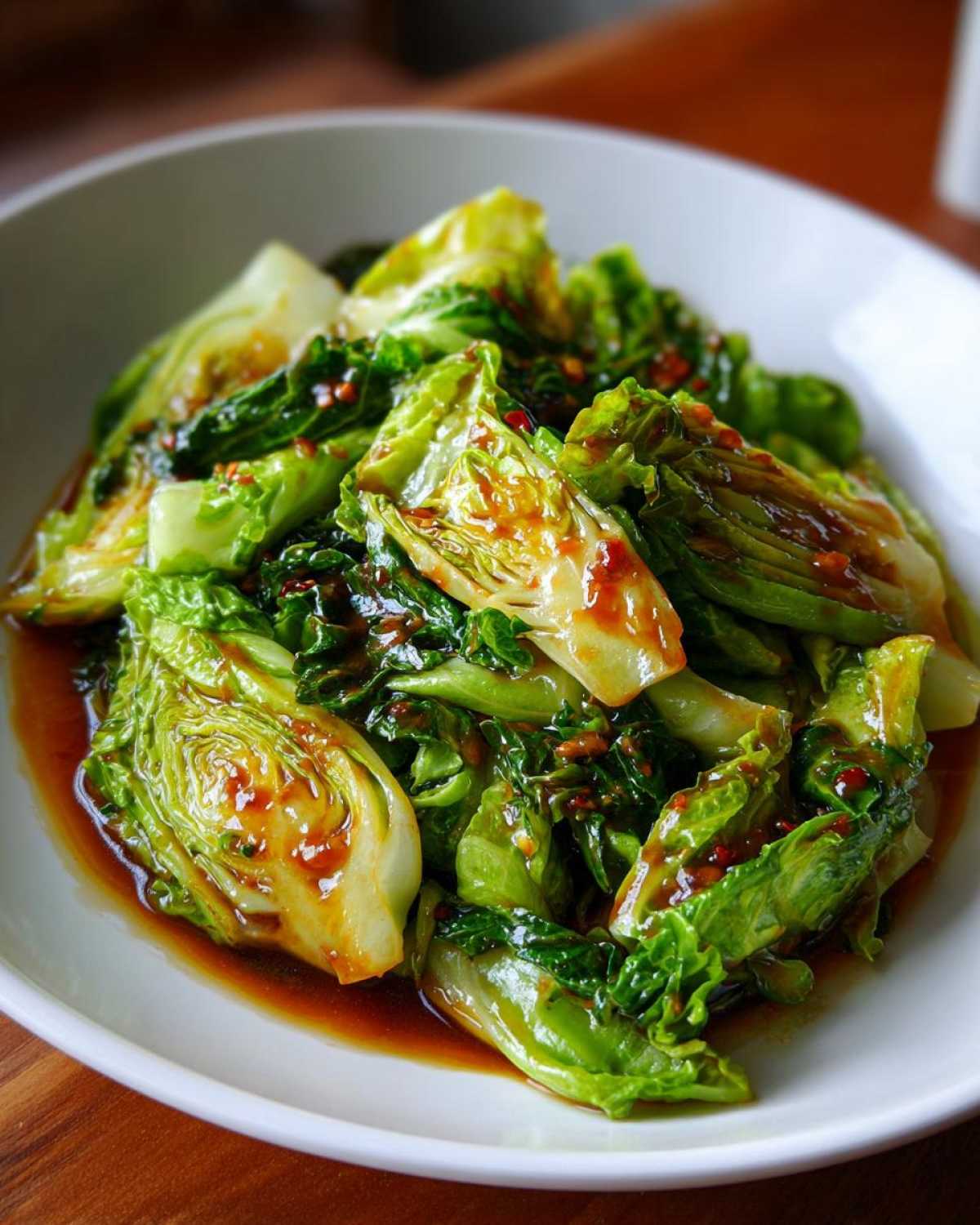 Close-up of vibrant green cabbage stir fry coated in a glossy garlic ginger sauce.