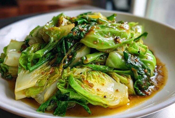 A close-up of vibrant green cabbage stir fry glistening with a savory garlic ginger sauce on a white plate.