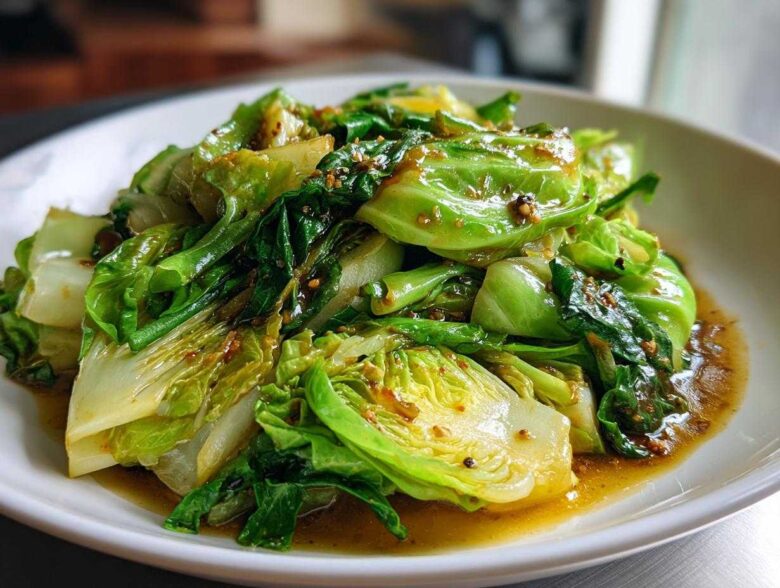 A close-up of vibrant green cabbage stir fry glistening with a savory garlic ginger sauce on a white plate.
