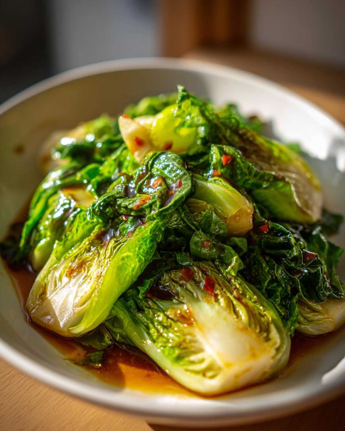 Close-up of vibrant green cabbage stir fry coated in a glossy garlic ginger sauce with visible chili flakes.