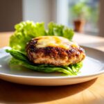 A juicy, cheesy Air Fryer Turkey Burger resting on fresh green lettuce leaves on a white plate.