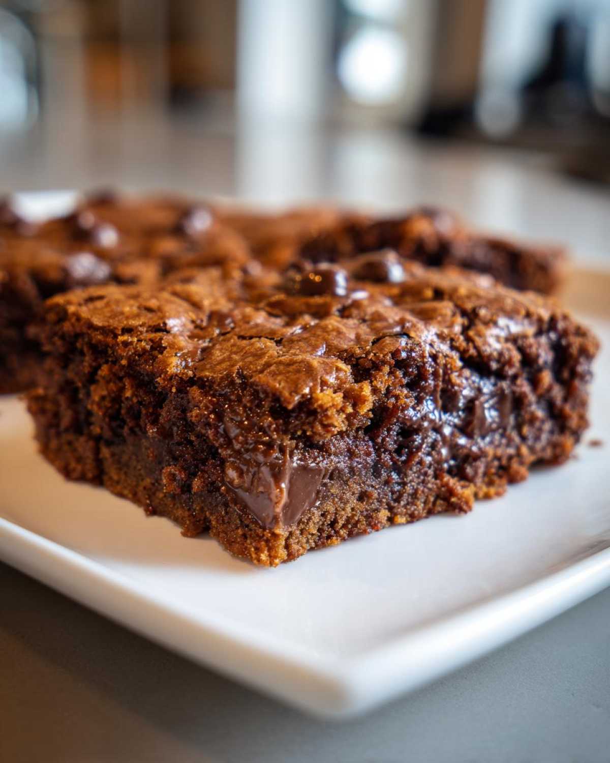Close-up of a rich, dark Chewy Chocolate Chip Cookie Bars slice showing melted chocolate pockets.