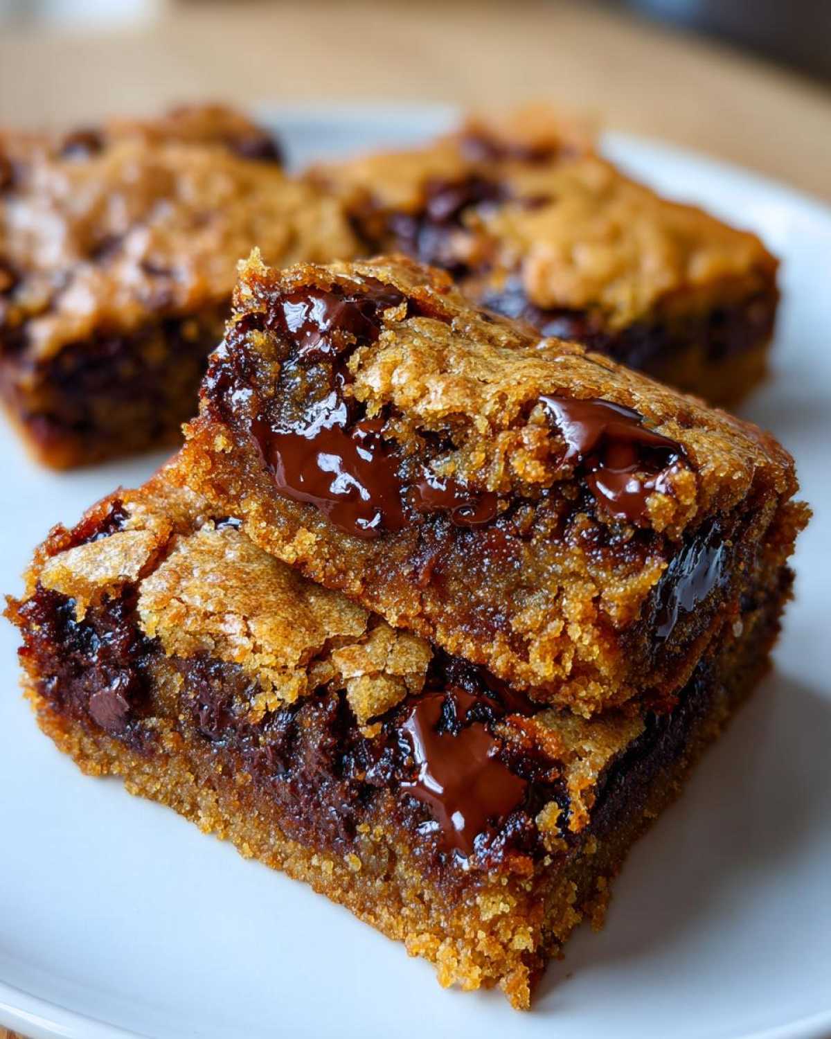Close-up of two stacked Chewy Chocolate Chip Cookie Bars showing melted chocolate centers.