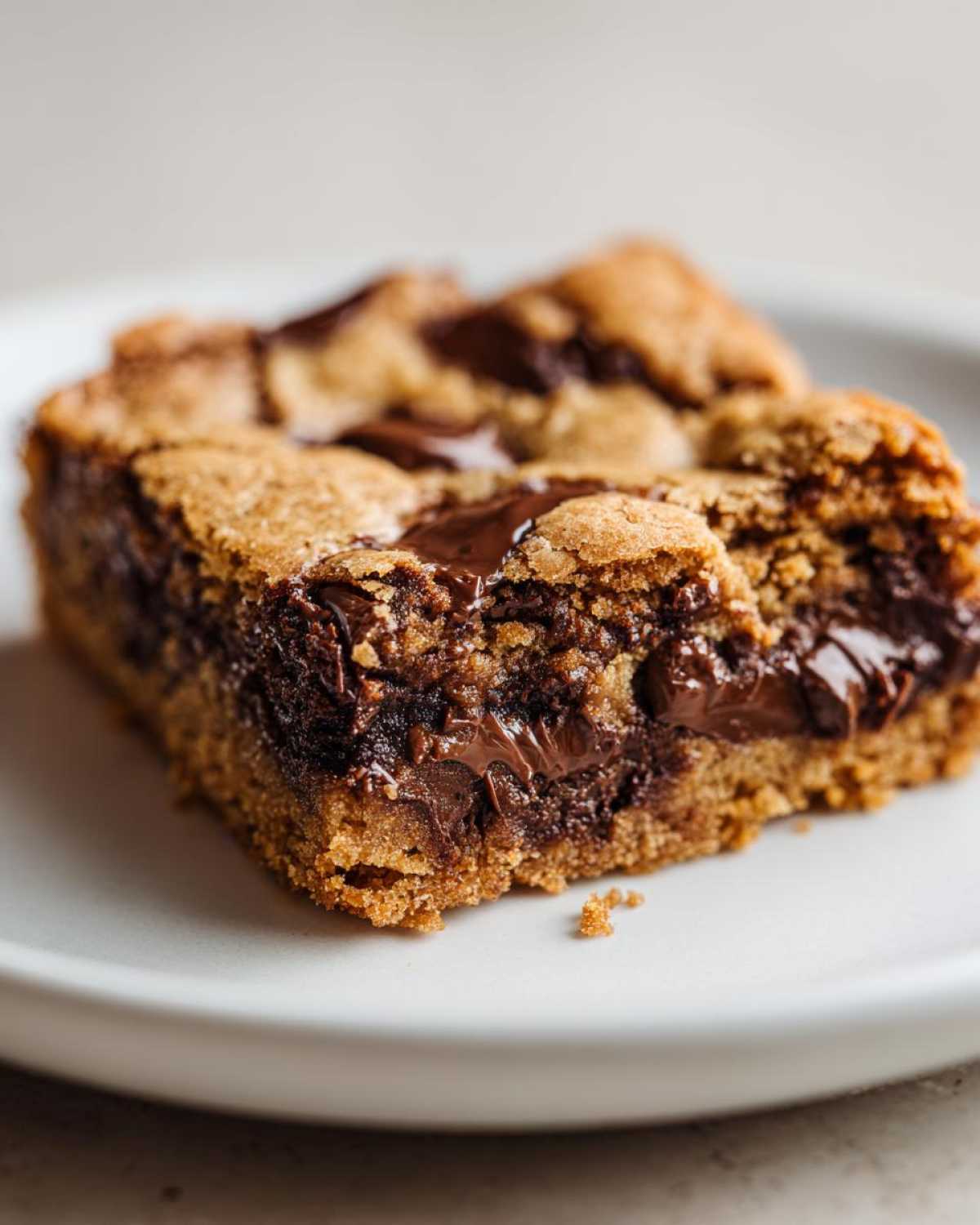 Close-up of a single, thick square of Chewy Chocolate Chip Cookie Bars with melted chocolate pockets.