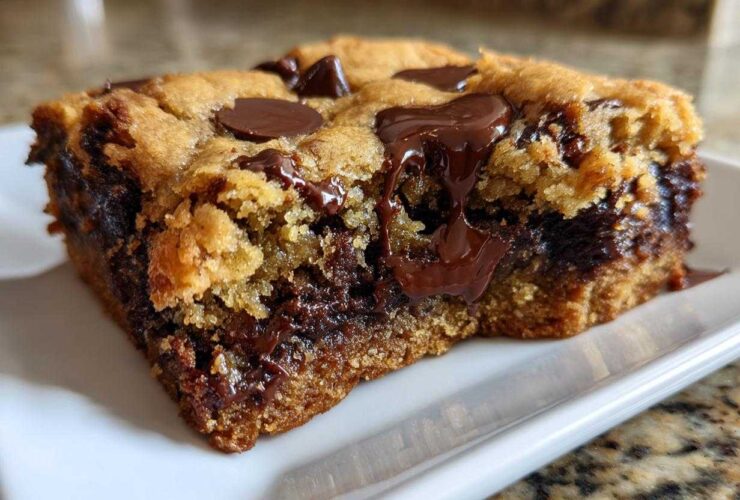 Close-up of a thick, gooey Chewy Chocolate Chip Cookie Bars square with melted chocolate oozing out.