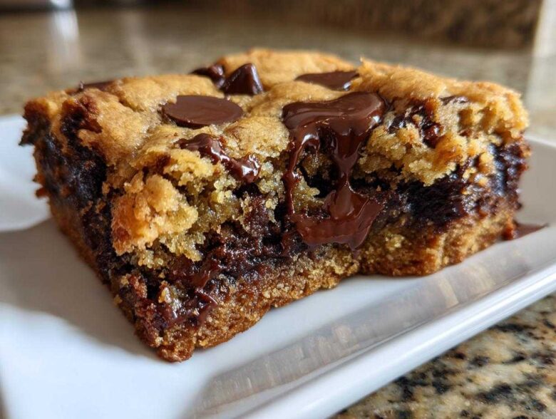 Close-up of a thick, gooey Chewy Chocolate Chip Cookie Bars square with melted chocolate oozing out.