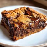 Close-up of a single, thick slice of Chewy Chocolate Chip Cookie Bars with melted chocolate.