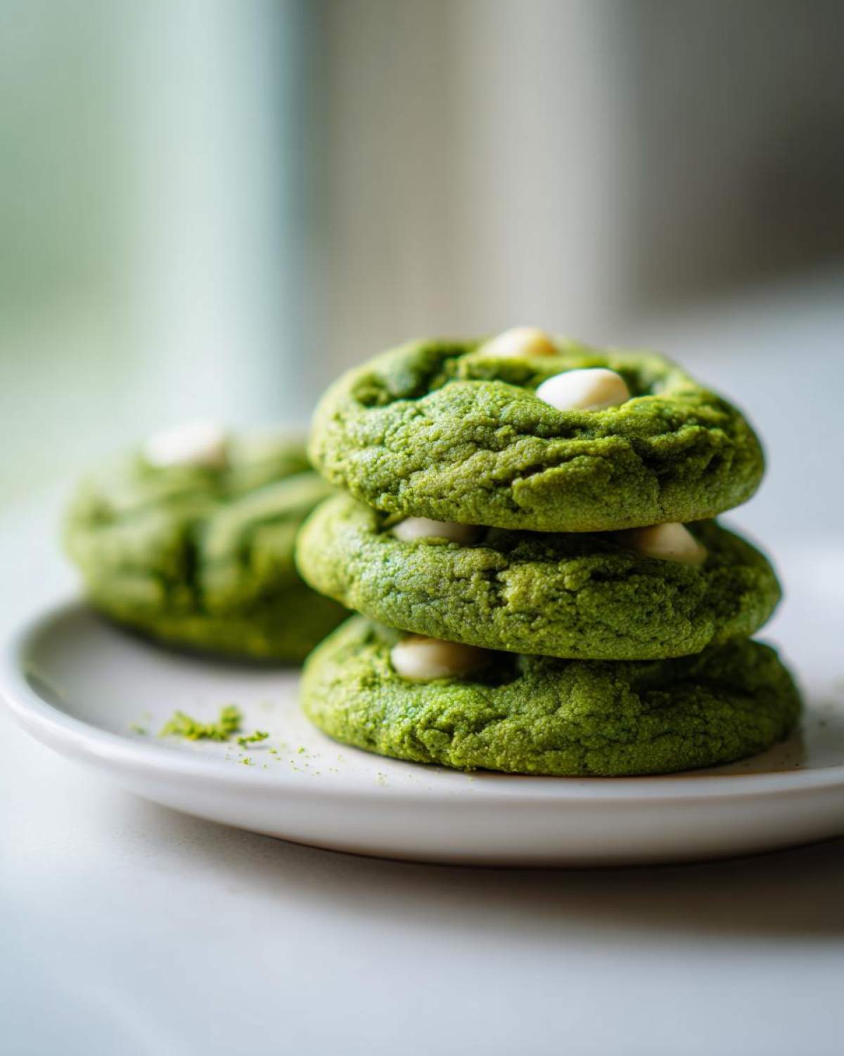 A stack of three vibrant green Chewy Matcha White Chocolate Cookies with visible white chocolate chips on a white plate.