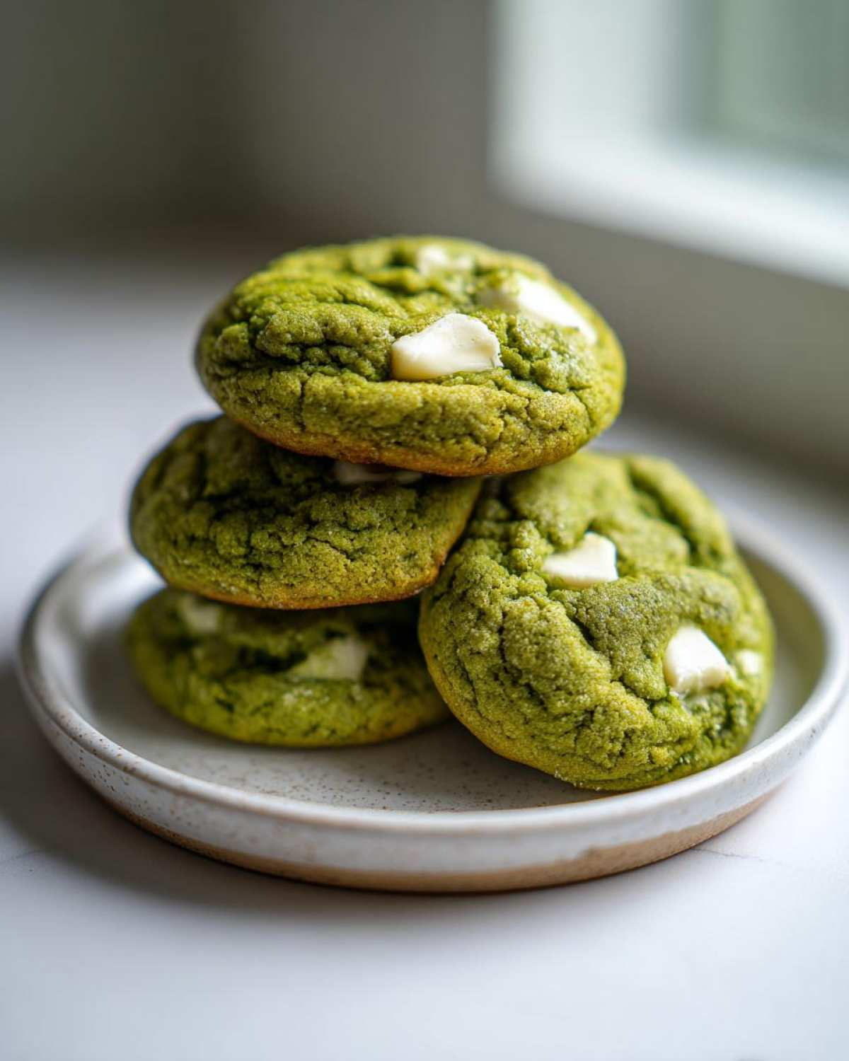 A stack of four vibrant green, chewy matcha white chocolate cookies on a speckled white plate.
