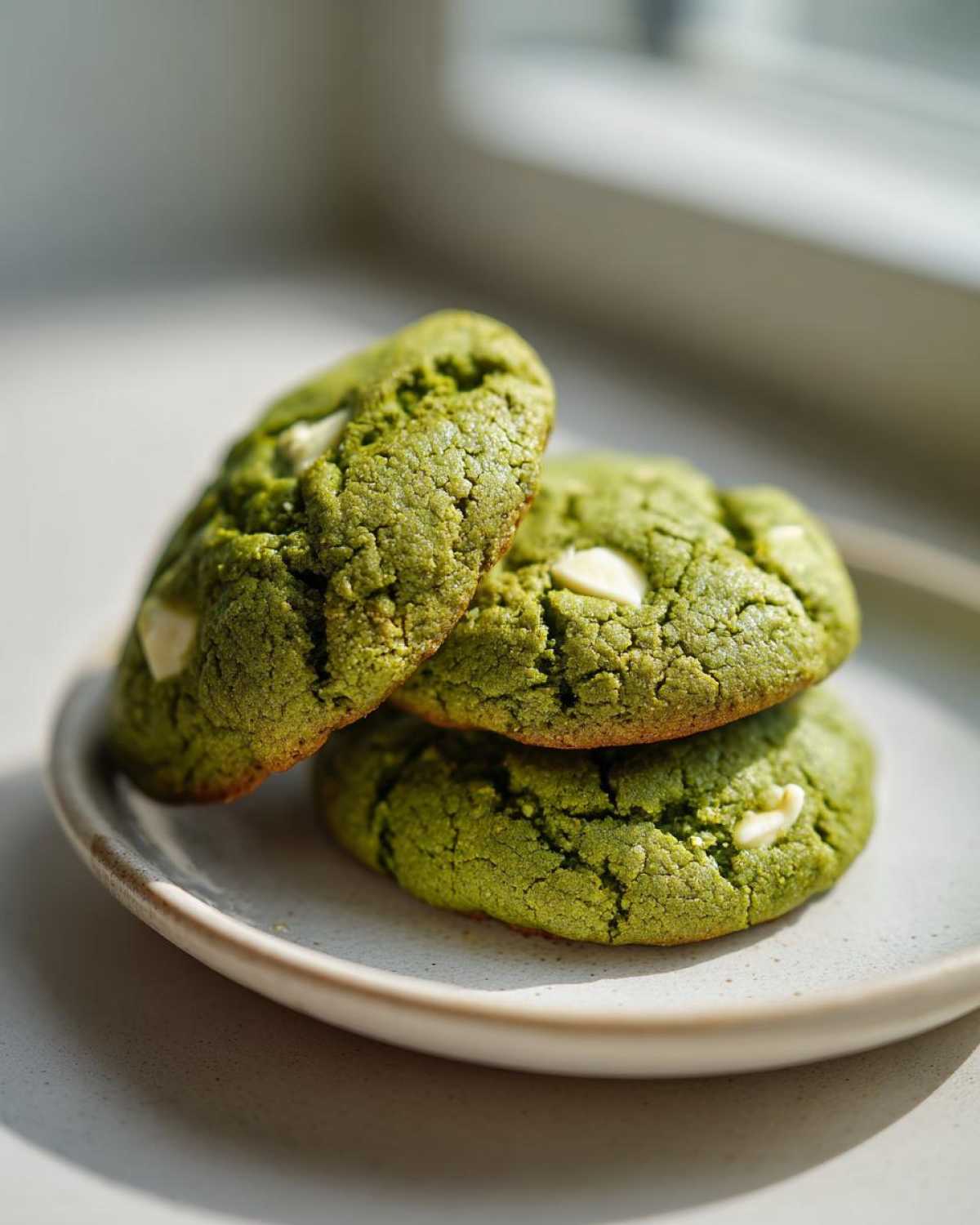 Three vibrant green Chewy Matcha White Chocolate Cookies stacked on a light ceramic plate.