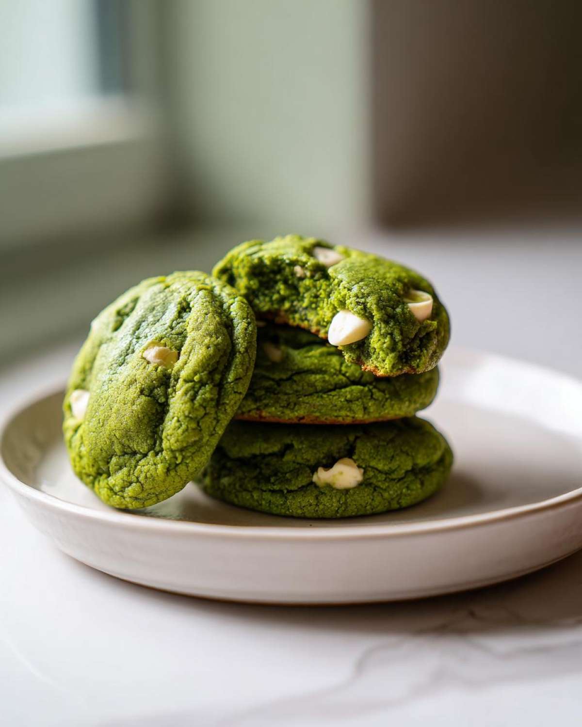 A stack of three vibrant green Chewy Matcha White Chocolate Cookies with visible white chocolate chips on a light plate.