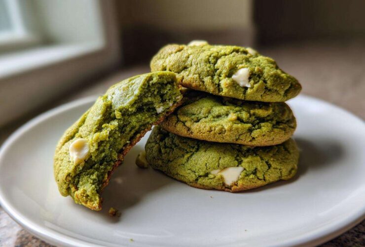 A stack of three chewy matcha white chocolate cookies, with one cookie broken open to show the soft interior.