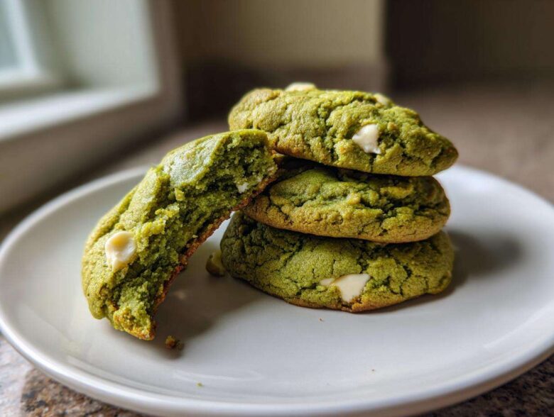 A stack of three chewy matcha white chocolate cookies, with one cookie broken open to show the soft interior.