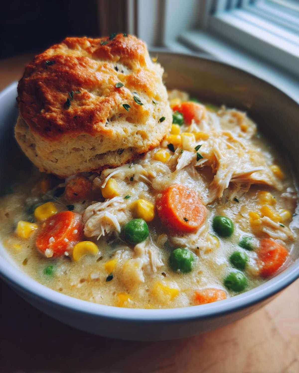 A close-up of creamy Chicken Pot Pie Soup topped with shredded chicken, carrots, peas, corn, and a golden biscuit.