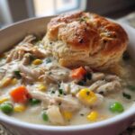 A close-up of creamy Chicken Pot Pie Soup topped with shredded chicken, vegetables, and a golden biscuit.