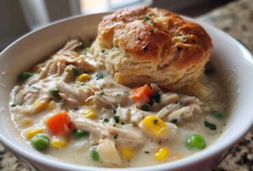 A close-up of creamy Chicken Pot Pie Soup topped with shredded chicken, vegetables, and a golden biscuit.